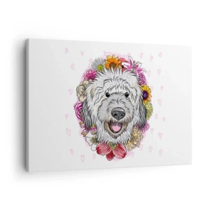 Schilderen op canvas - Een hond omringd door kleurrijke bloemen - 70x50cm - Puppy vreugde - Moderne wanddecoratie voor woonkamer en slaapkamer ARTTOR