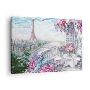Schilderen op canvas - Een romantisch uitzicht op Parijs met de Eiffeltoren en een balkon vol bloemen - 70x50cm - Het is hier het mooist in mei - Moderne wanddecoratie voor woonkamer en slaapkamer ARTTOR