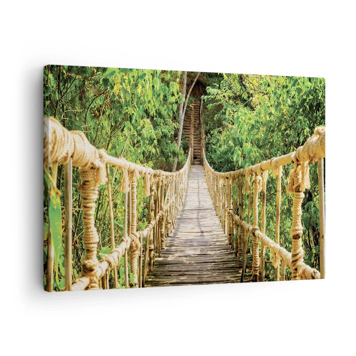 Schilderen op canvas - Een hangbrug in een tropisch bos vol groen - 70x50cm - Opgeschort in het groen - Moderne wanddecoratie voor woonkamer en slaapkamer ARTTOR