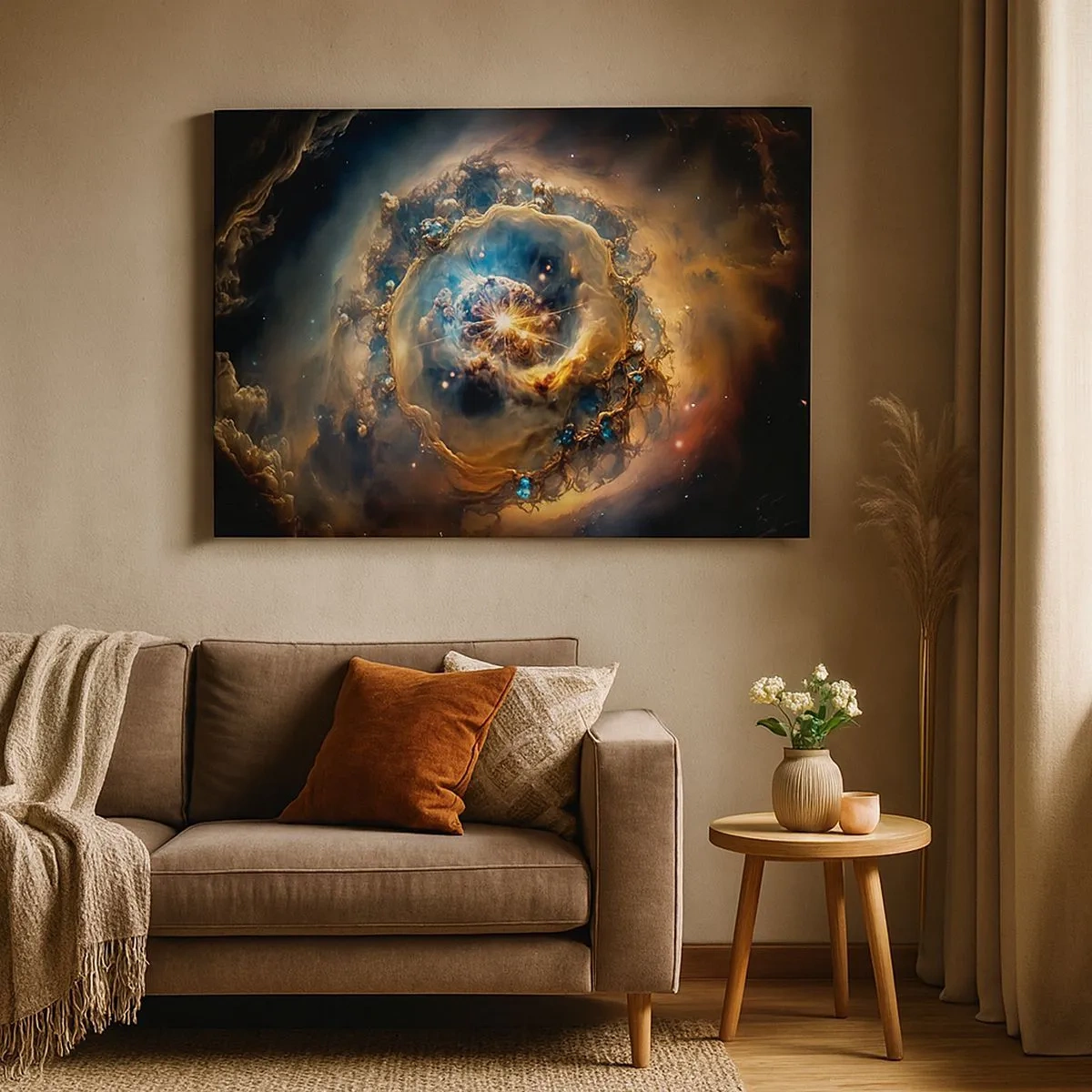 Schilderen op canvas - Een abstract beeld van een kosmische explosie in tinten goud en blauw. - 70x50cm - Begin - Moderne wanddecoratie voor woonkamer en slaapkamer ARTTOR