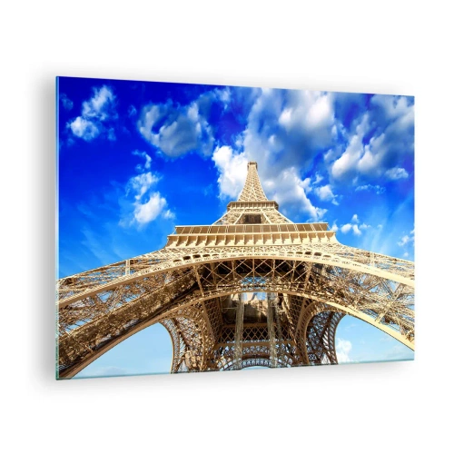 Schilderen op glas - De Eiffeltoren van bovenaf gezien tegen de lucht - 70x50cm - Reiken naar de hemel en de wolken - Moderne wanddecoratie voor woonkamer en slaapkamer ARTTOR