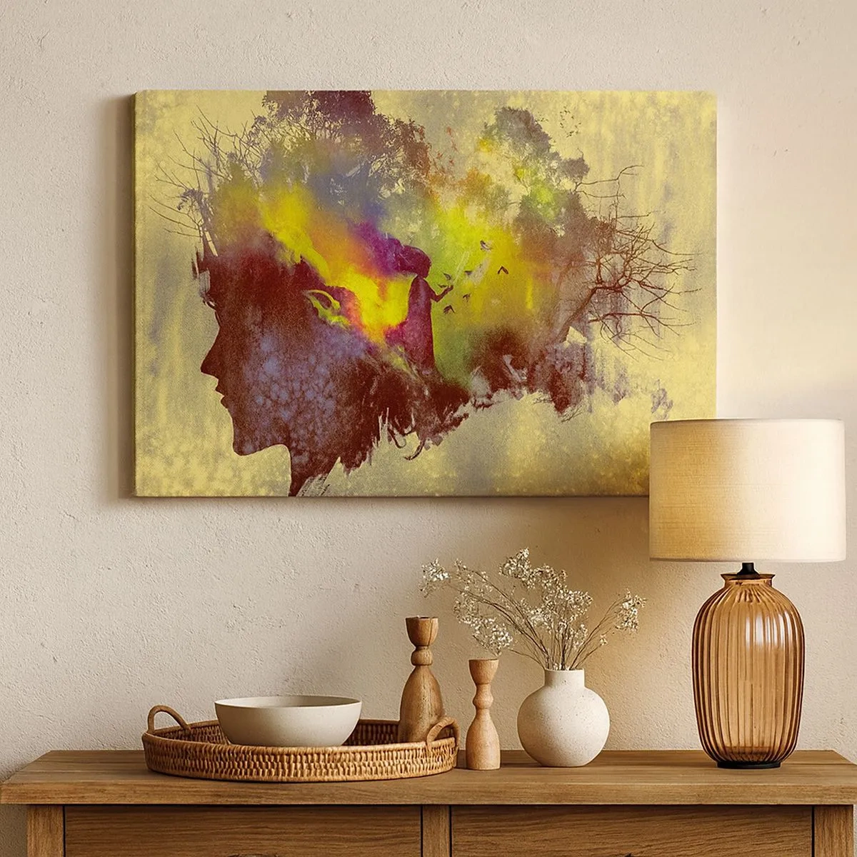 Schilderen op canvas - Artistiek silhouet van een vrouw met de natuur op de achtergrond - 70x50cm - Moeder Natuur - Moderne wanddecoratie voor woonkamer en slaapkamer ARTTOR