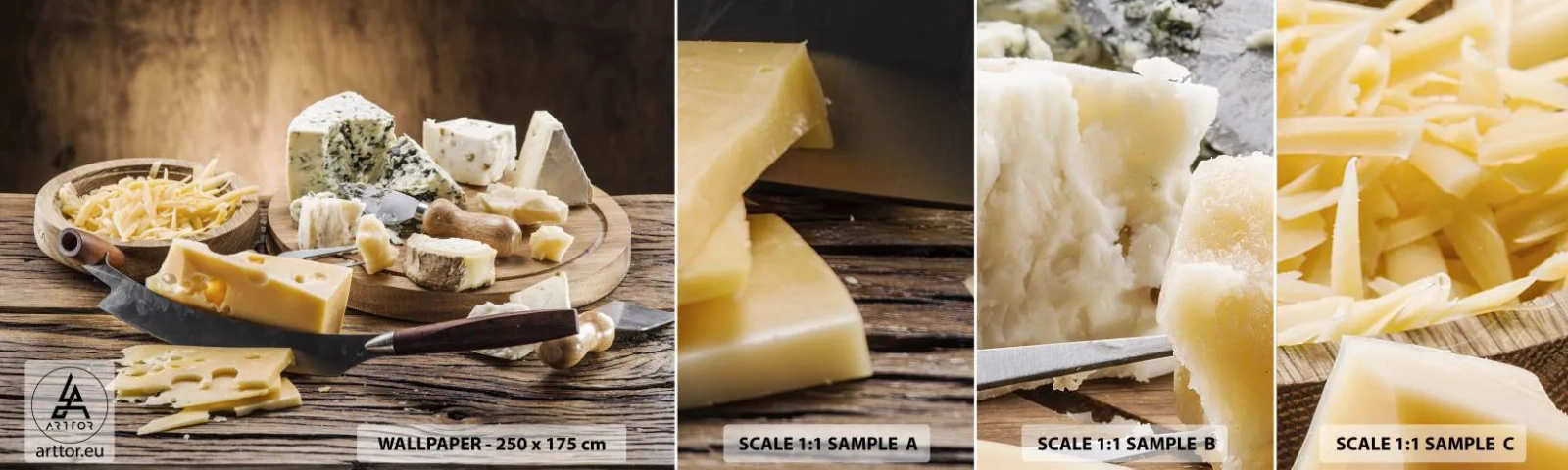 Fotobehang Staaltje Standard Eco - Glimlach naar de kaas - Gastronomie, Kaasplankje, Culinair - 100x30 cm