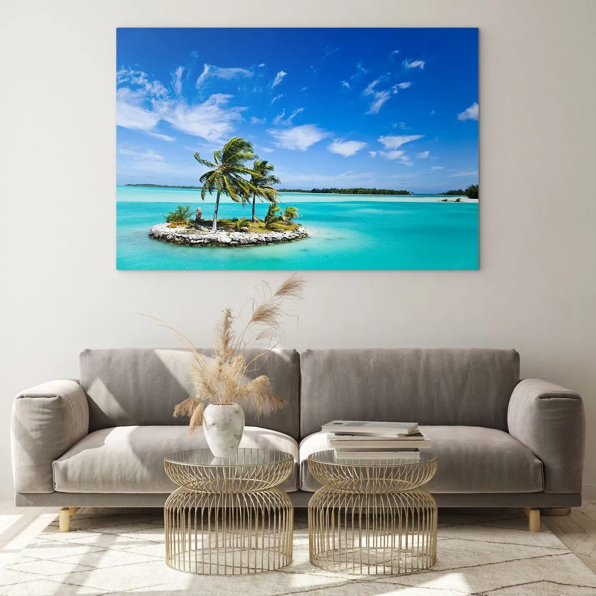 Schilderen op glas - Een tropisch eiland tegen de achtergrond van een turquoise oceaan - 70x50cm - Een paradijs op aarde - Moderne wanddecoratie voor woonkamer en slaapkamer ARTTOR