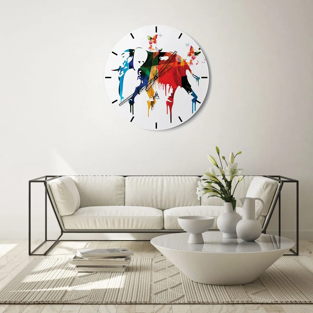 Wandklok - Klok - Kleurrijke geometrische olifant met een vlindermotief op een witte achtergrond - 30x30cm - Iedereen kan dansen - Moderne wanddecoratie voor woonkamer, keuken en slaapkamer ARTTOR