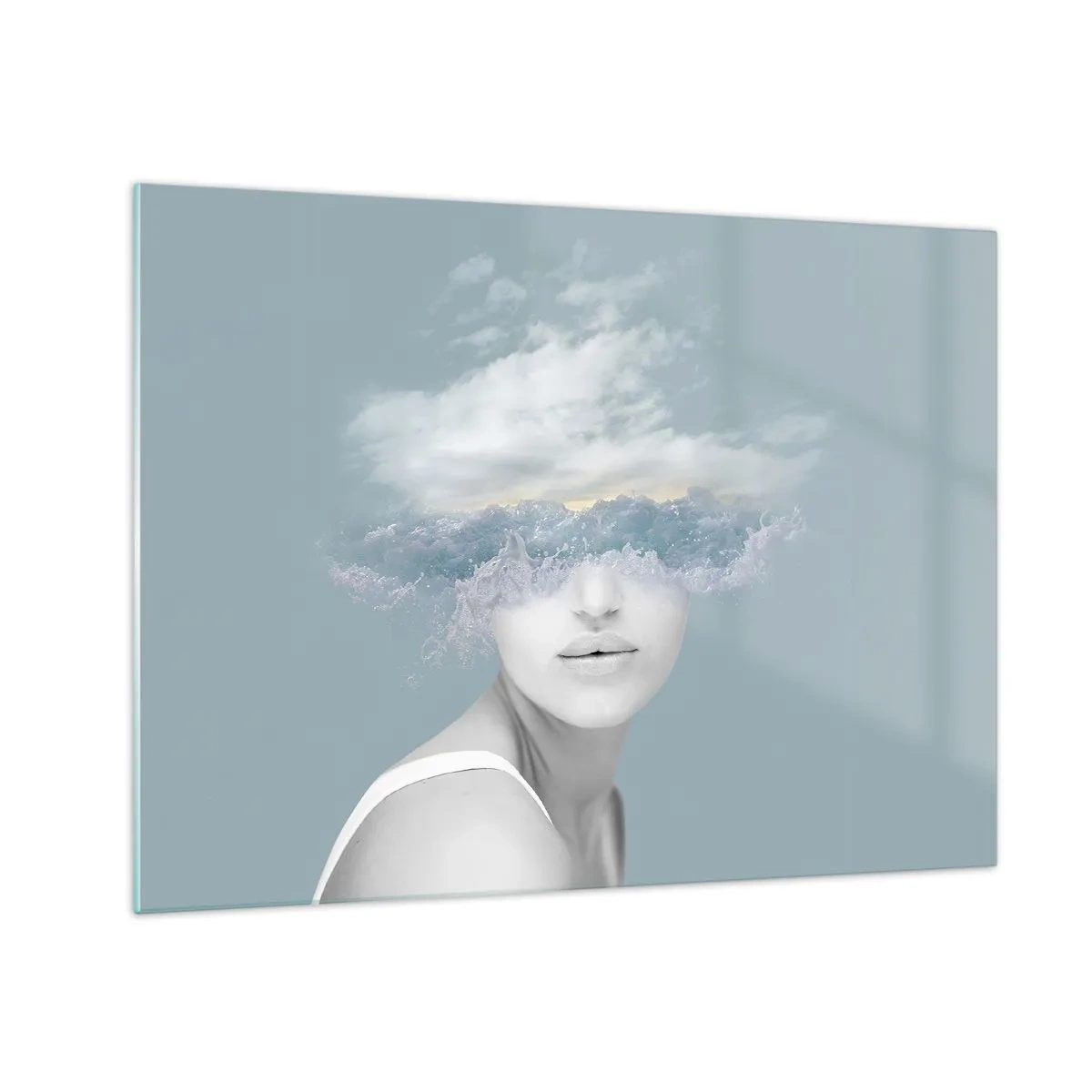 Schilderen op glas - Het gezicht van een vrouw versmelt met de lucht en de wolken in een surrealistisch beeld. - 70x50cm - Met hoofd in de wolken - Moderne wanddecoratie voor woonkamer en slaapkamer ARTTOR