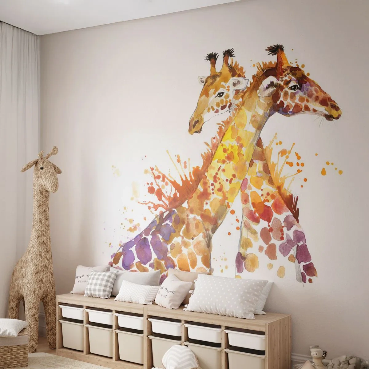 Fotobehang Premium Canvas - Is het vriendschap of is het een baby? - Dieren, Giraffe, Grafisch - 250x175 cm