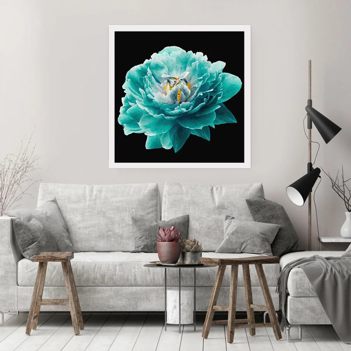 Poster - Blauwe en gouden bloemblaadjes - 30x30 cm