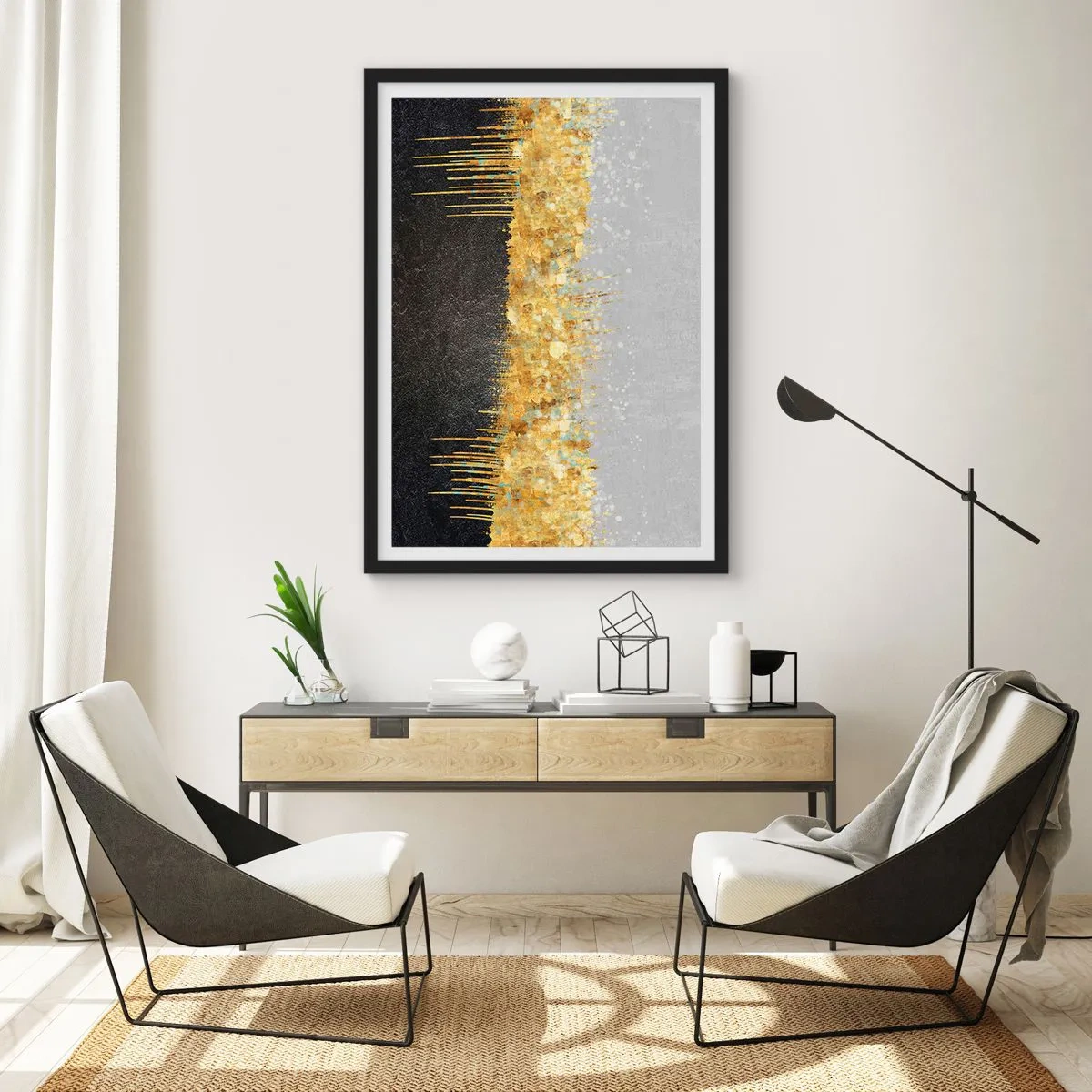 Poster in een zwarte lijst - Abstracte compositie van goud, zwart en zilver - 50x70cm - Naar binnen en naar boven - Moderne wanddecoratie voor woonkamer en slaapkamer ARTTOR