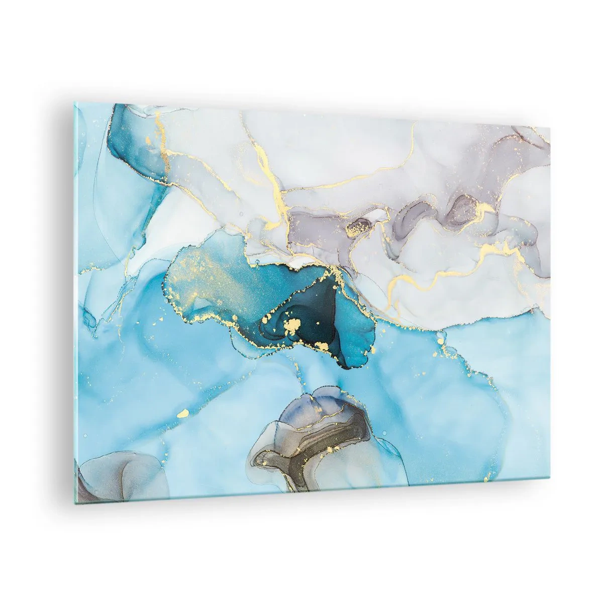 Schilderen op glas - Turquoise en grijze golven met gouden accenten - 70x50cm - Een studie van de ontmoeting van grijs en turkoois - Moderne wanddecoratie voor woonkamer en slaapkamer ARTTOR