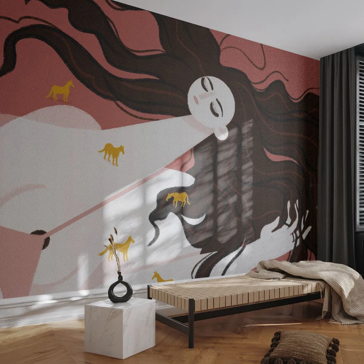 Fotobehang Premium Canvas - Droom over een gouden paard - Vrouw, Portret, Minimalisme - 400x280 cm