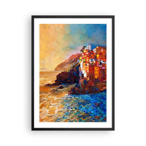 Poster in een zwarte lijst - Kleurrijke gebouwen met uitzicht op de klif en de zee bij zonsondergang - 50x70cm - Italiaanse sfeer - Moderne wanddecoratie voor woonkamer en slaapkamer ARTTOR