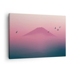 Schilderen op canvas - Minimalistisch landschap met bergen en vogels bij zonsopgang - 70x50cm - Wandelaars boven de wolken - Moderne wanddecoratie voor woonkamer en slaapkamer ARTTOR