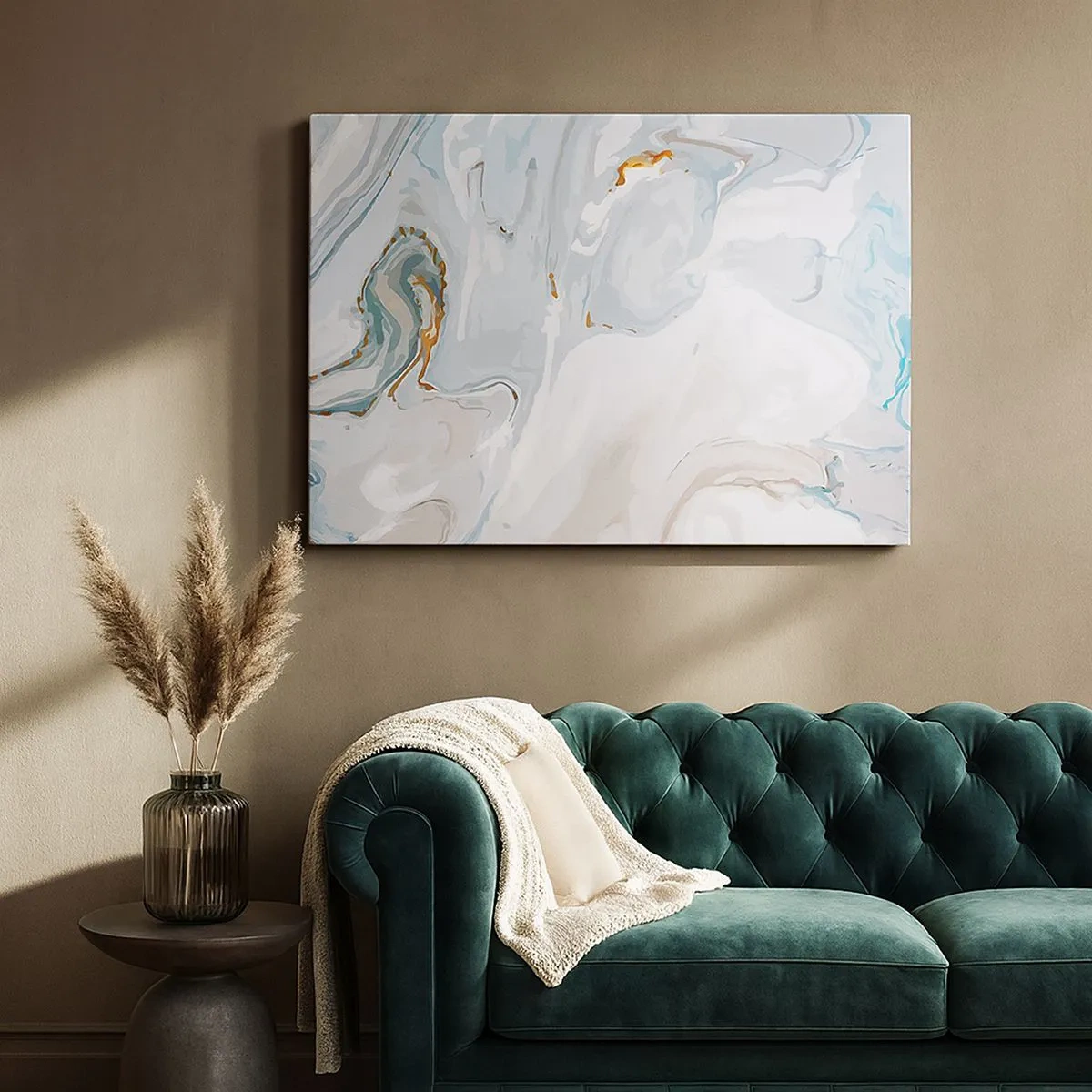 Schilderen op canvas - Abstracte golven in tinten blauw en wit - 70x50cm - Het wit is verheven - Moderne wanddecoratie voor woonkamer en slaapkamer ARTTOR
