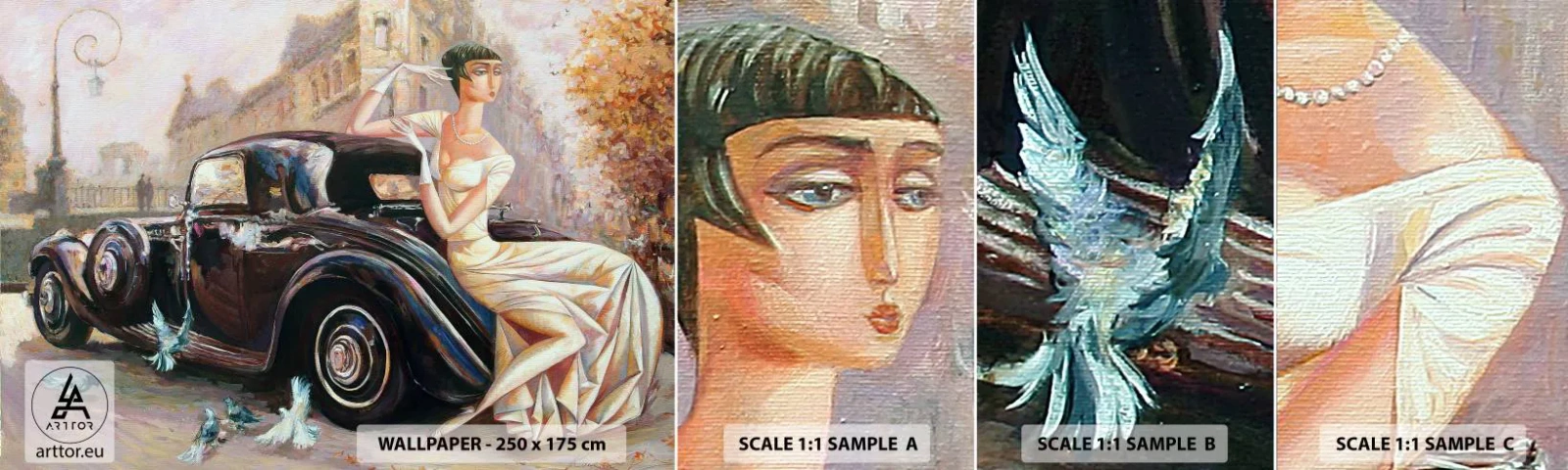 Fotobehang Staaltje Standard Eco - Elegantie in retrostijl - Retro-auto, Vrouw, Paleis - 100x30 cm