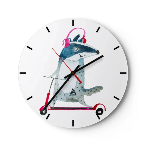 Wandklok - Klok - Das met koptelefoon op een scooter in de stijl van een kinderillustratie - 30x30cm - Badger vreugde - Moderne wanddecoratie voor woonkamer, keuken en slaapkamer ARTTOR