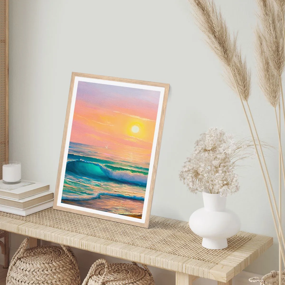 Een poster in een licht eiken lijst - Een turquoise lied van de golven - 50x70 cm