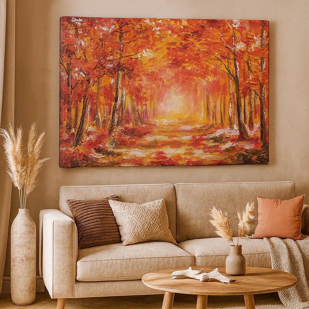 Schilderen op canvas - Herfstbos in tinten koper en goud - 70x50cm - Koperen bos - Moderne wanddecoratie voor woonkamer en slaapkamer ARTTOR
