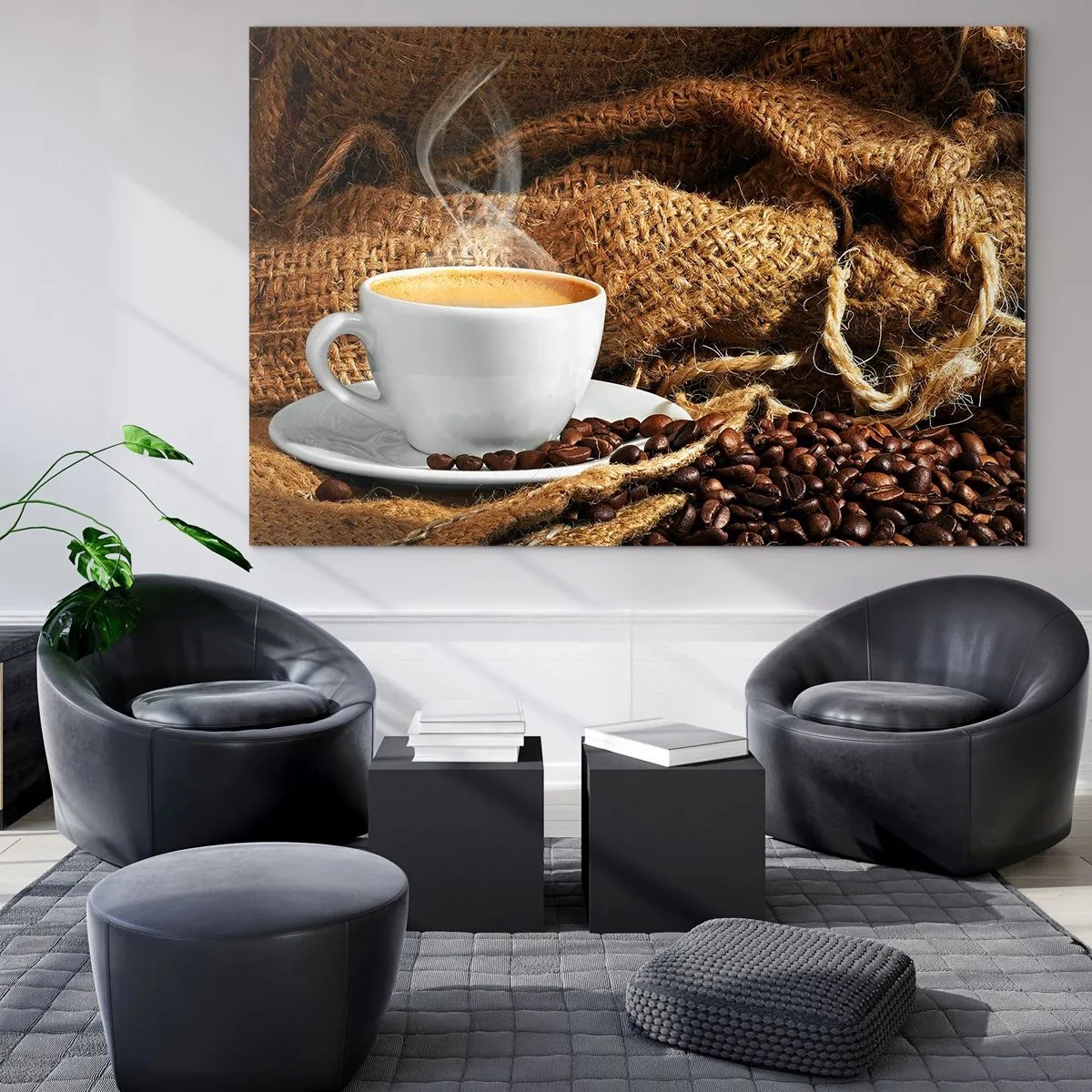 Schilderen op glas - Een kopje koffie met bonen op een jute achtergrond - 70x50cm - De geur van mokka en de dikte van de honingvloeistof - Moderne wanddecoratie voor woonkamer en slaapkamer ARTTOR