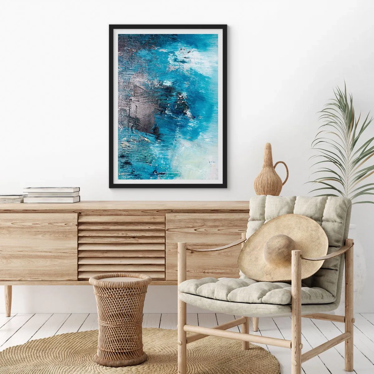 Poster in een zwarte lijst - Abstracte compositie in tinten blauw - 50x70cm - Rhapsody in Blauw - Moderne wanddecoratie voor woonkamer en slaapkamer ARTTOR