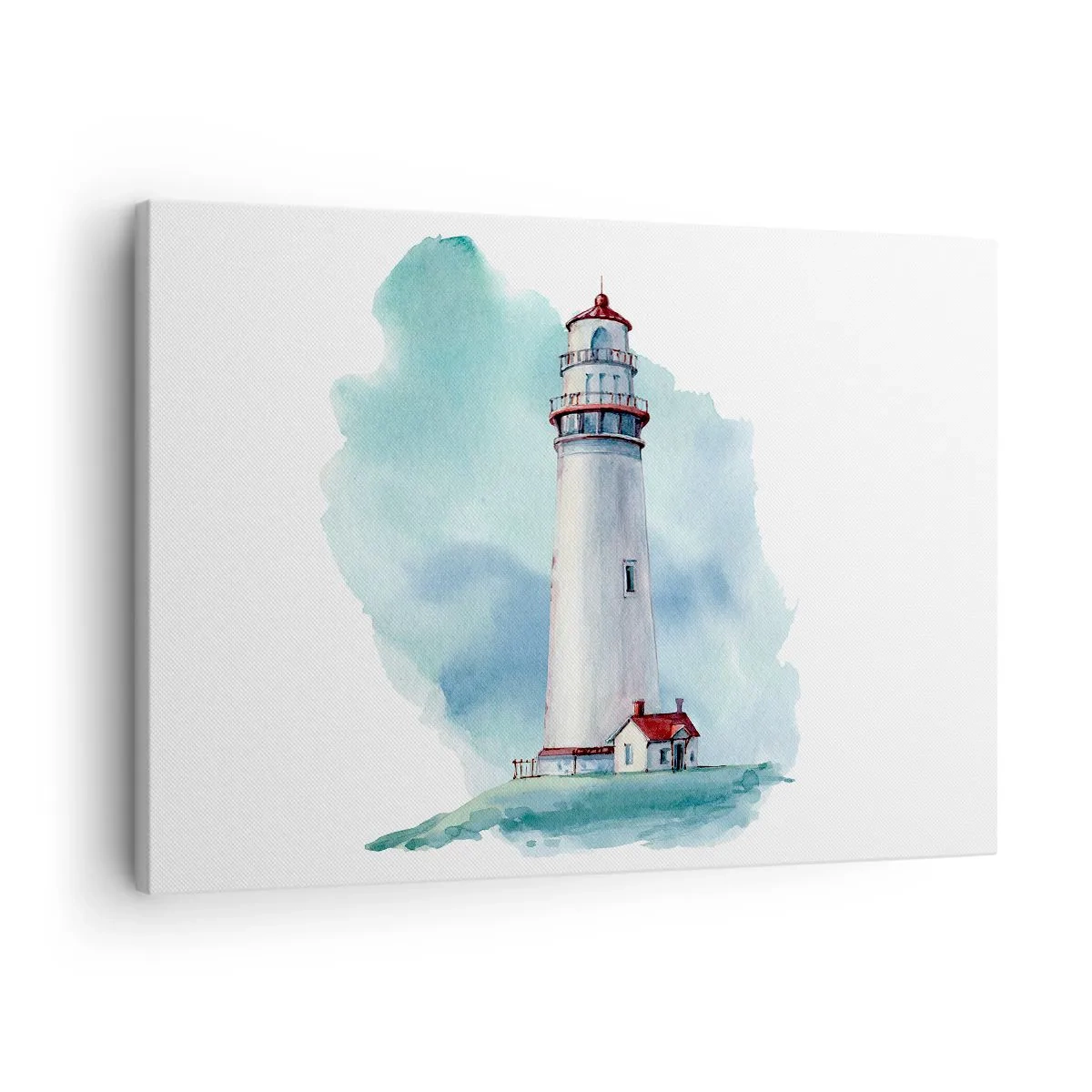 Schilderen op canvas - Een vuurtoren tegen een aquarelblauwe achtergrond - 70x50cm - Blue's zachtaardige zus - Moderne wanddecoratie voor woonkamer en slaapkamer ARTTOR