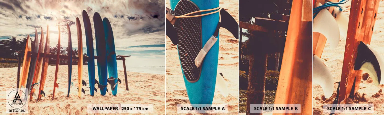 Fotobehang Staaltje Standard Eco - Weltrusten, zie je morgen - Surfen, Landschap, Surfplank - 100x30 cm