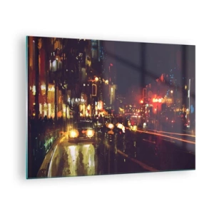 Schilderen op glas - Nachtelijk stadslandschap met auto's en straatverlichting - 70x50cm - Ondergedompeld in de lichten van de nacht - Moderne wanddecoratie voor woonkamer en slaapkamer ARTTOR
