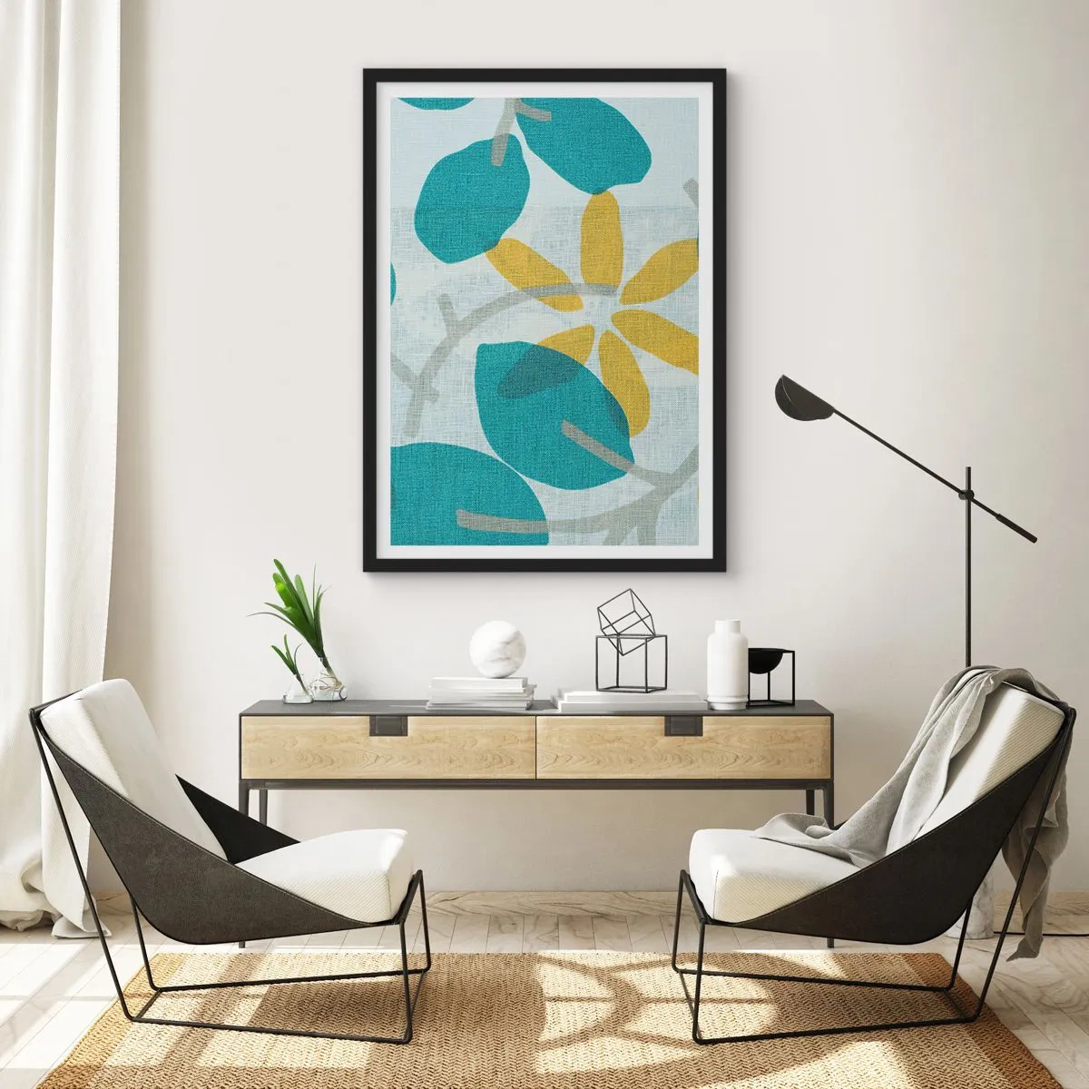 Poster in een zwarte lijst - Moderne botanische afbeeldingen in tinten blauw en geel - 50x70cm - Tussen de azuurblauwe bladeren - Moderne wanddecoratie voor woonkamer en slaapkamer ARTTOR