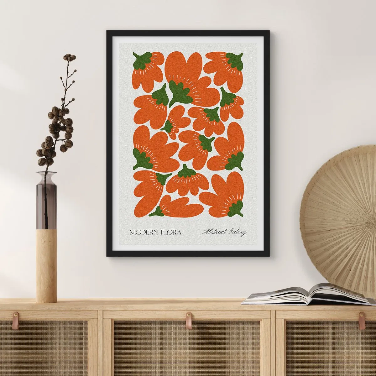 Poster in een zwarte lijst - Abstracte oranje bloemen op een lichte achtergrond - 50x70cm - Uit het leven van bloemen - Moderne wanddecoratie voor woonkamer en slaapkamer ARTTOR