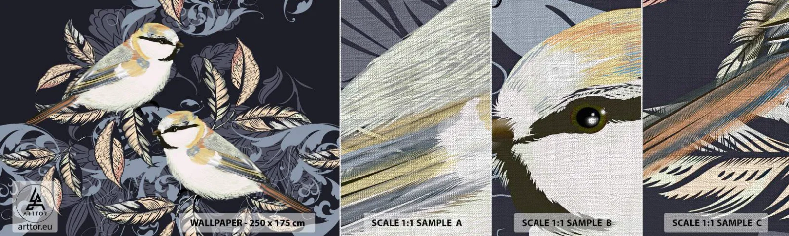 Fotobehang Monster Premium Canvas - Geel-blauwe triller - Abstractie, Vogels, Bladeren - 100x30 cm