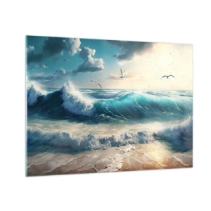 Schilderen op glas - Golven die in het ochtendlicht op de kust beuken - 70x50cm - Ritselt alleen voor jou - Moderne wanddecoratie voor woonkamer en slaapkamer ARTTOR
