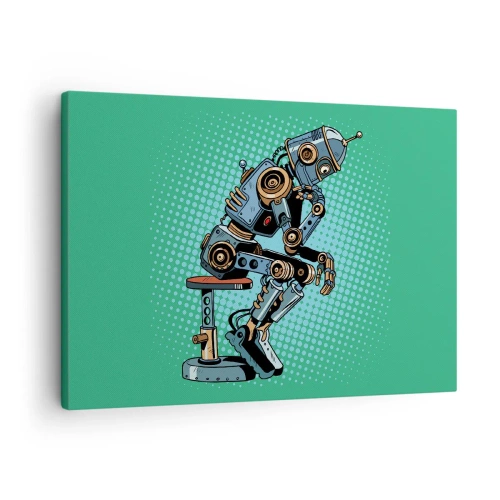 Schilderen op canvas - Denkrobot in pop-artstijl op een groene achtergrond - 70x50cm - Boven de essentie van het zijn - Moderne wanddecoratie voor woonkamer en slaapkamer ARTTOR