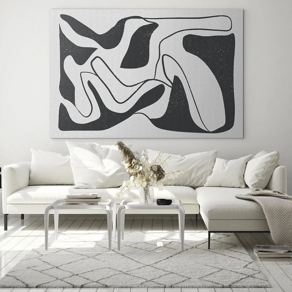 Schilderen op glas - Zwart-witte abstracte vormen die lijken op een doolhof - 70x50cm - Abstract doolhofplezier - Moderne wanddecoratie voor woonkamer en slaapkamer ARTTOR