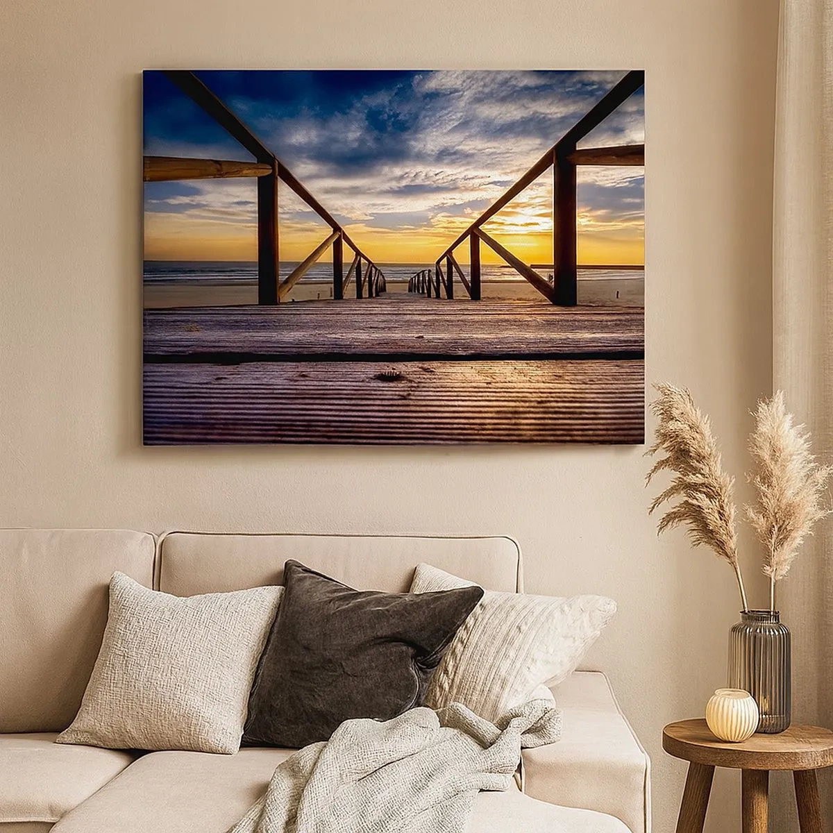 Schilderen op canvas - Houten steiger die naar het strand leidt bij zonsondergang - 70x50cm - Rechtstreeks naar het rustige strand bij zonsondergang - Moderne wanddecoratie voor woonkamer en slaapkamer ARTTOR