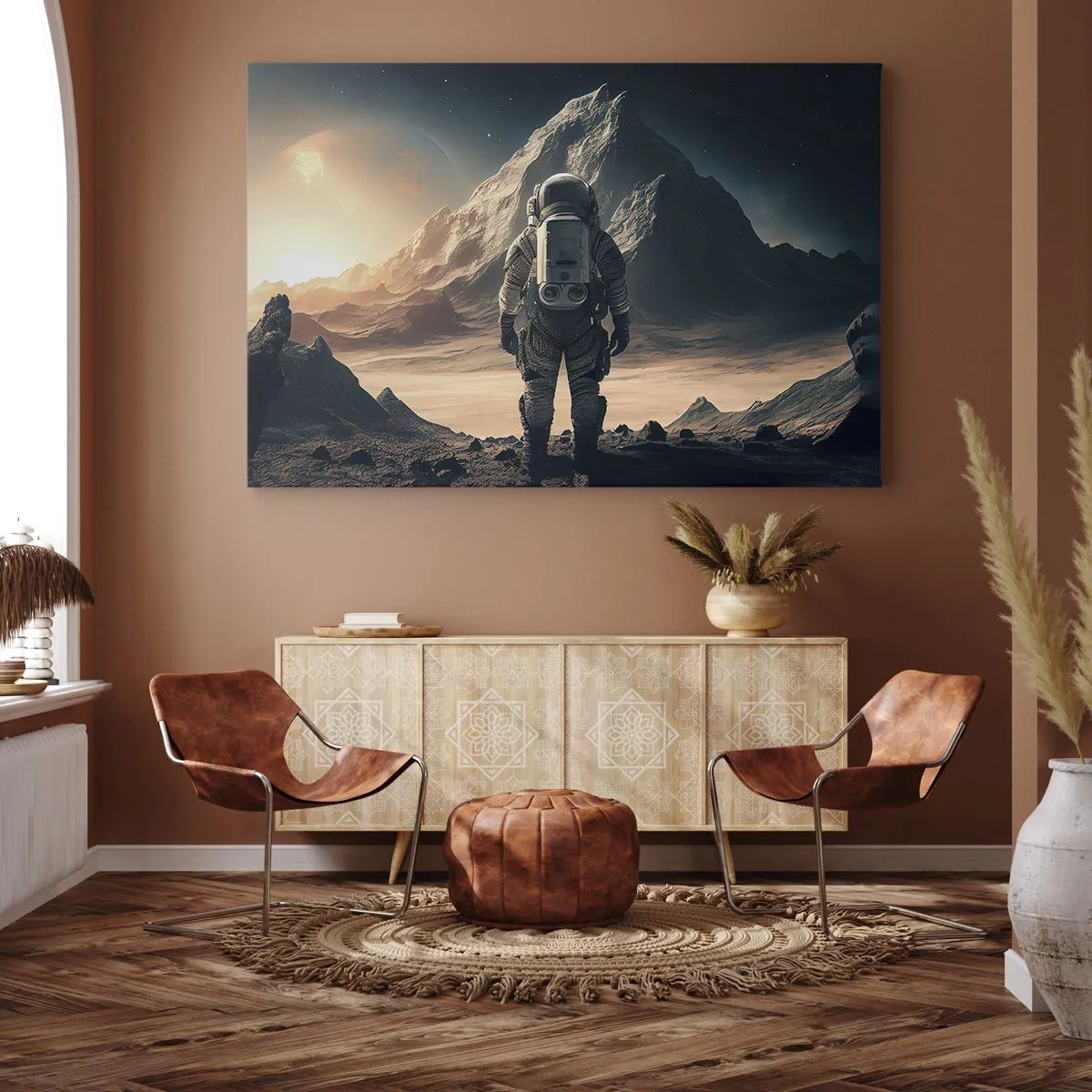 Schilderen op canvas - Astronaut tegen de achtergrond van majestueuze bergen - 70x50cm - Nieuwe uitdaging - Moderne wanddecoratie voor woonkamer en slaapkamer ARTTOR
