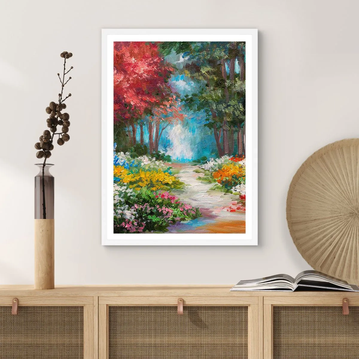 Poster in een witte lijst - Bostuin, bloemenbos - 70x100 cm