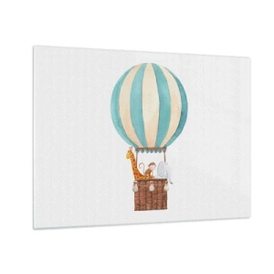 Schilderen op glas - Een ballon met een giraf, een aap en een olifant op een witte achtergrond - 70x50cm - Fantastische reis - Moderne wanddecoratie voor woonkamer en slaapkamer ARTTOR