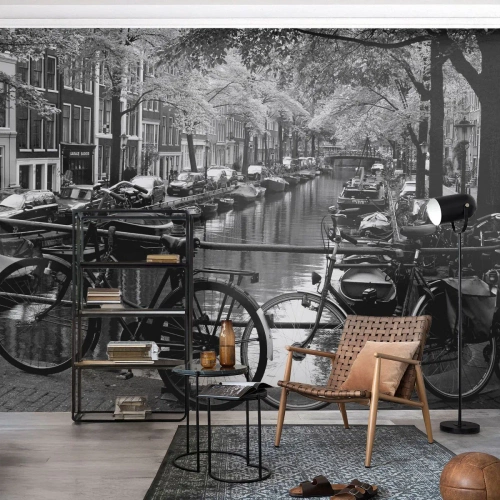 Zelfklevend Fotobehang Deluxe Sticker - Een heel Nederlands uitzicht - Amsterdam, Fiets, Architectuur - 100x70 cm