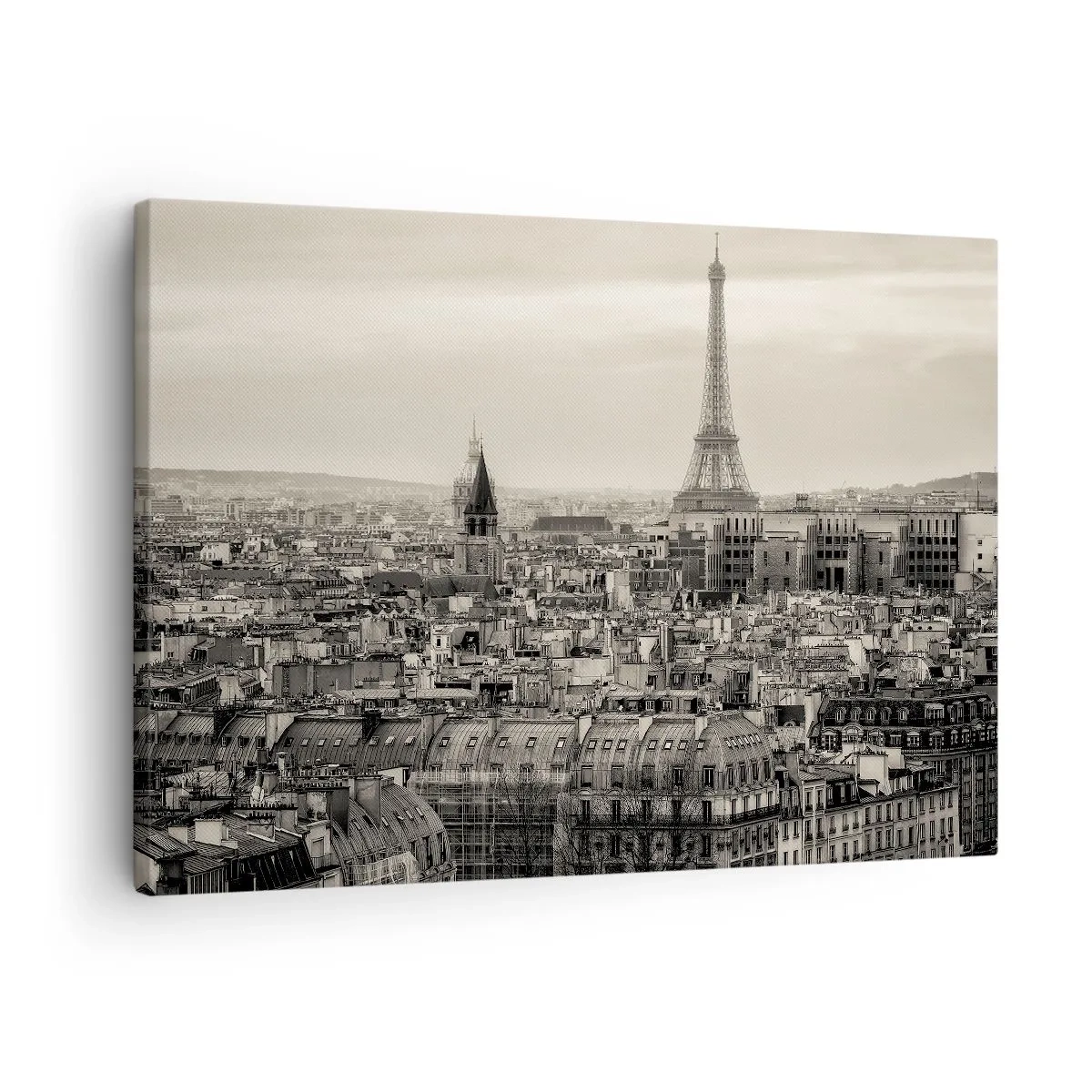 Schilderen op canvas - Panorama van Parijs met de Eiffeltoren in sepiatinten - 70x50cm - Over de daken van Parijs - Moderne wanddecoratie voor woonkamer en slaapkamer ARTTOR