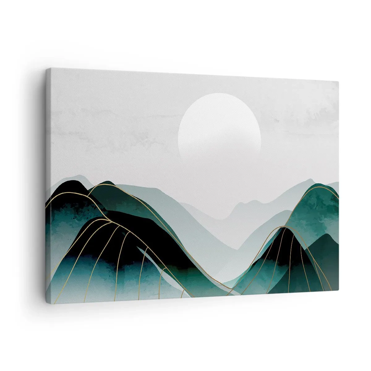 Schilderen op canvas - Abstract berglandschap met de maan en gouden lijnen - 70x50cm - In volle majesteit - Moderne wanddecoratie voor woonkamer en slaapkamer ARTTOR