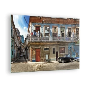 Schilderen op glas - Retrostraat met klassieke gebouwen en een auto - 70x50cm - Havana-vibes - Moderne wanddecoratie voor woonkamer en slaapkamer ARTTOR