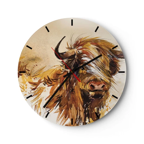 Wandklok - Klok - Een geschilderde illustratie van een Schotse stier met vloeiende vacht - 30x30cm - Trots van de jager - Moderne wanddecoratie voor woonkamer, keuken en slaapkamer ARTTOR