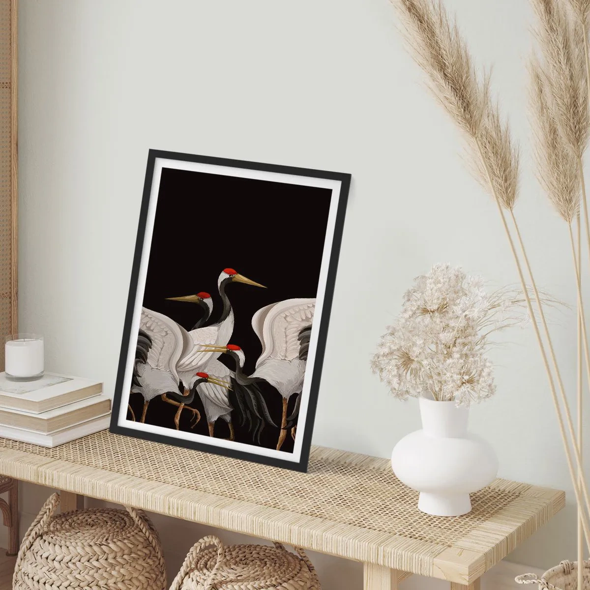 Poster in een zwarte lijst - Elegante kraanvogels op een donkere achtergrond in oosterse stijl - 50x70cm - Vogel spullen - Moderne wanddecoratie voor woonkamer en slaapkamer ARTTOR