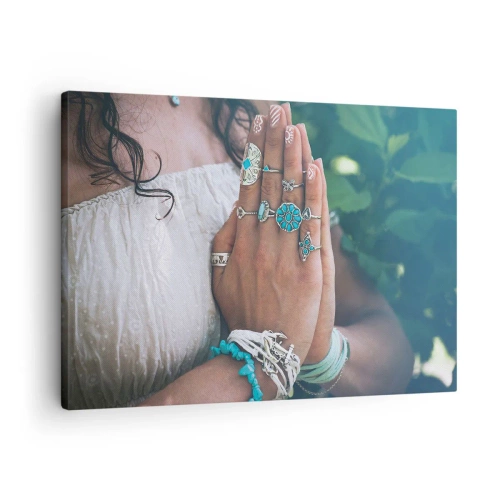 Schilderen op canvas - Handen versierd met boho-sieraden - 70x50cm - Welkom in het centrum van het zijn - Moderne wanddecoratie voor woonkamer en slaapkamer ARTTOR