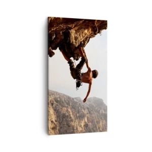 Schilderen op canvas - De wereld gekrompen in een hand op een rotsblok  - 45x80 cm