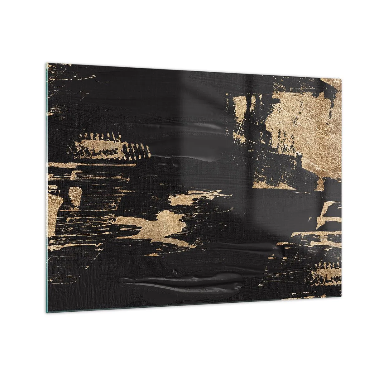 Schilderen op glas - Zwart-gouden abstractie met een penseelstreekachtige textuur - 70x50cm - Spoor van aanraking - Moderne wanddecoratie voor woonkamer en slaapkamer ARTTOR