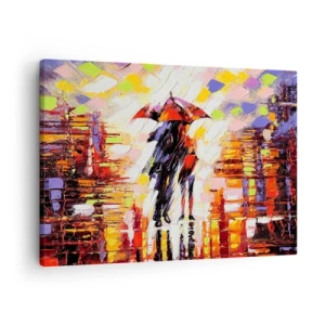 Schilderen op canvas - Een abstract tafereel van een wandeling onder een paraplu op een regenachtige avond. - 70x50cm - Samen door de nacht en regen - Moderne wanddecoratie voor woonkamer en slaapkamer ARTTOR
