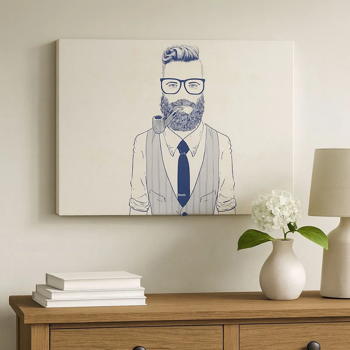 Schilderen op canvas - Gestileerde man met baard, pijp en bril - 70x50cm - Vrolijk, mannelijk en modieus - Moderne wanddecoratie voor woonkamer en slaapkamer ARTTOR