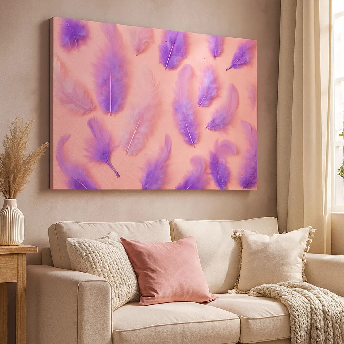 Schilderen op canvas - Paarse en roze veren op een pastelkleurige achtergrond - 70x50cm - Lila vogel van verlangen - Moderne wanddecoratie voor woonkamer en slaapkamer ARTTOR