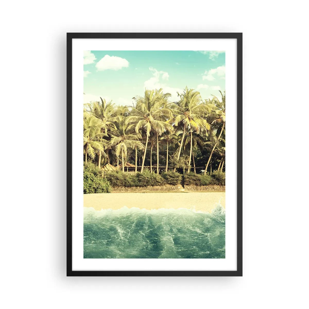 Poster in een zwarte lijst - Tropisch strand met palmbomen en azuurblauw water - 50x70cm - Hoe zit het hier? - Moderne wanddecoratie voor woonkamer en slaapkamer ARTTOR
